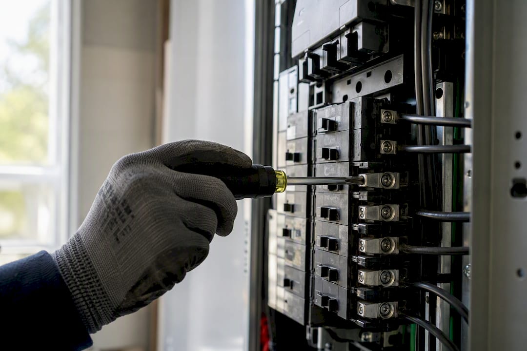 Electrician tightening circuit breaker lug