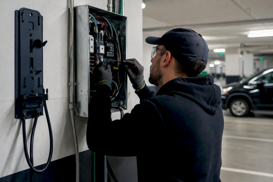 Electrician wiring EV charger in condo garage