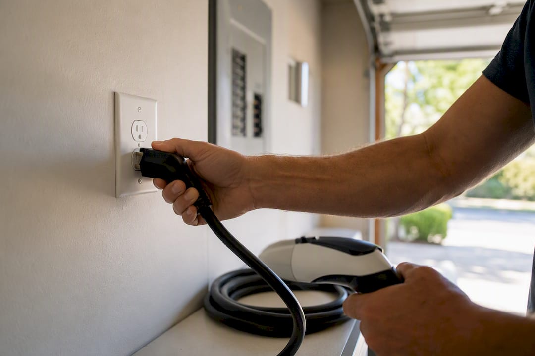 Electrician plugging EV charger into 120V outlet