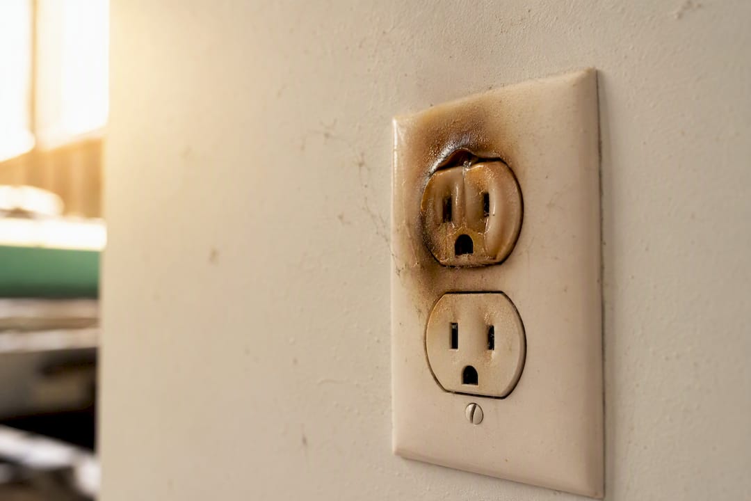 Close-up of overheated electrical outlet
