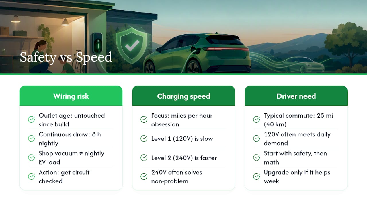 Diagram comparing outlet safety and charging speed for 120V EV charging