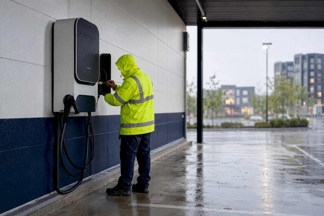 Electrician testing EV charger connection in rain