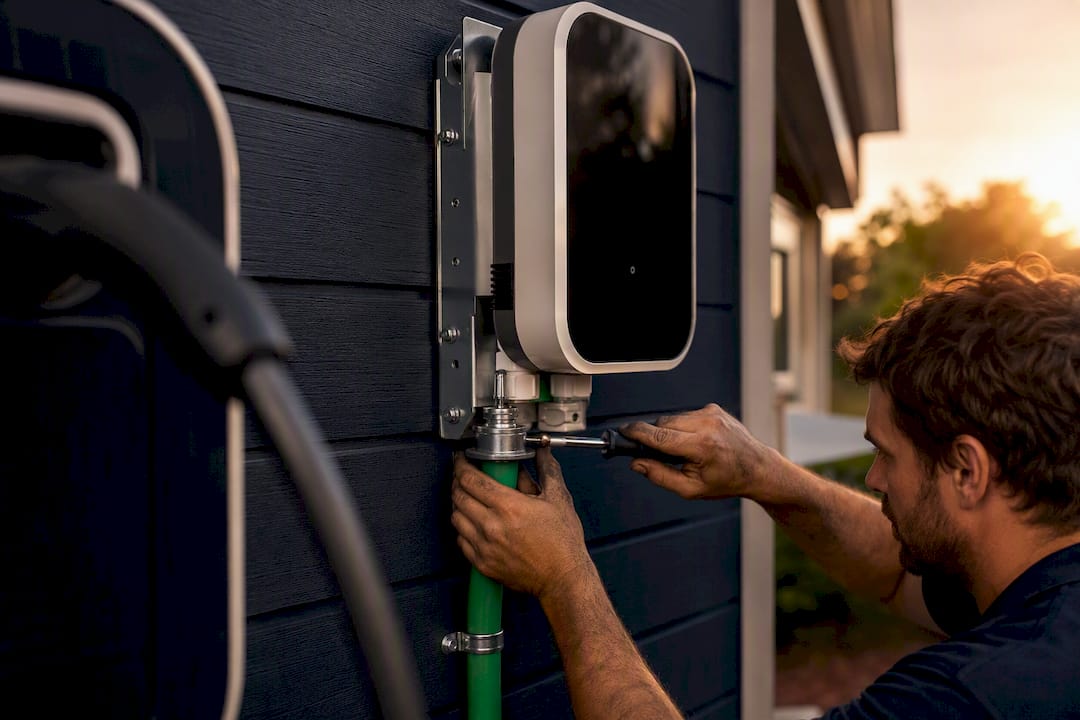 Electrician installing EV charger conduit