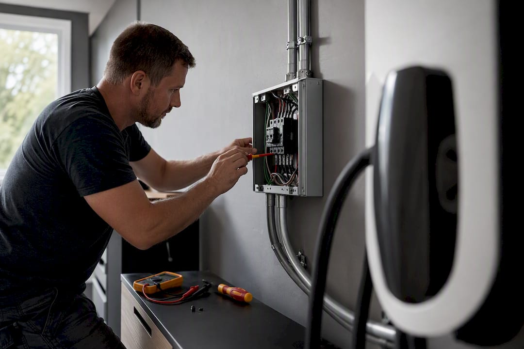 Electrician wiring EV subpanel in garage