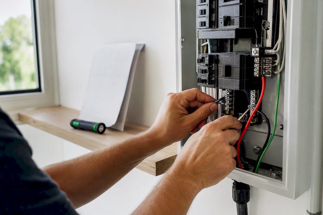 Electrician wiring EV charger subpanel with permits nearby