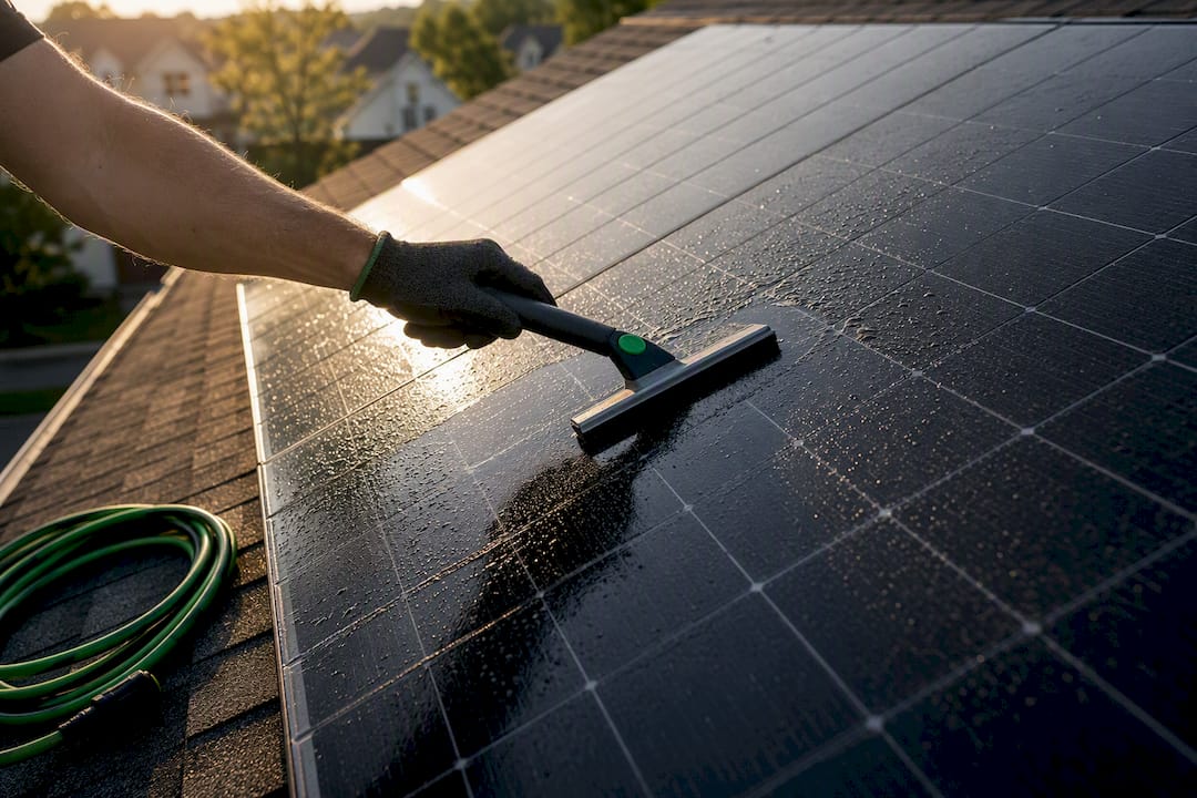 Homeowner rinsing rooftop solar panel