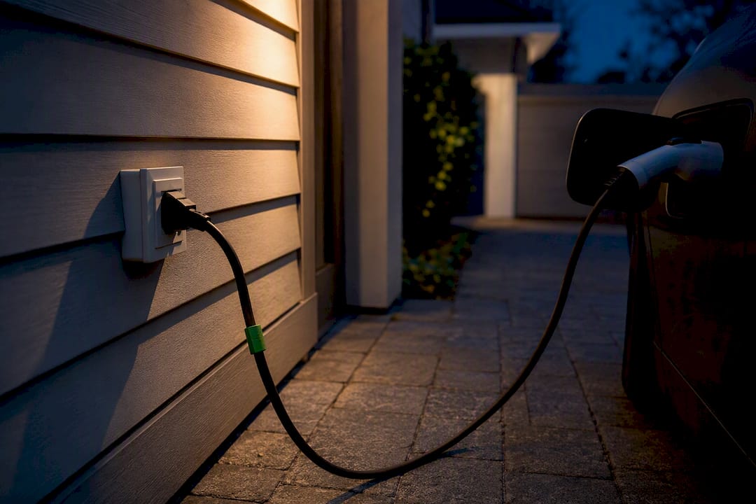 Extension cord leading toward EV charging port