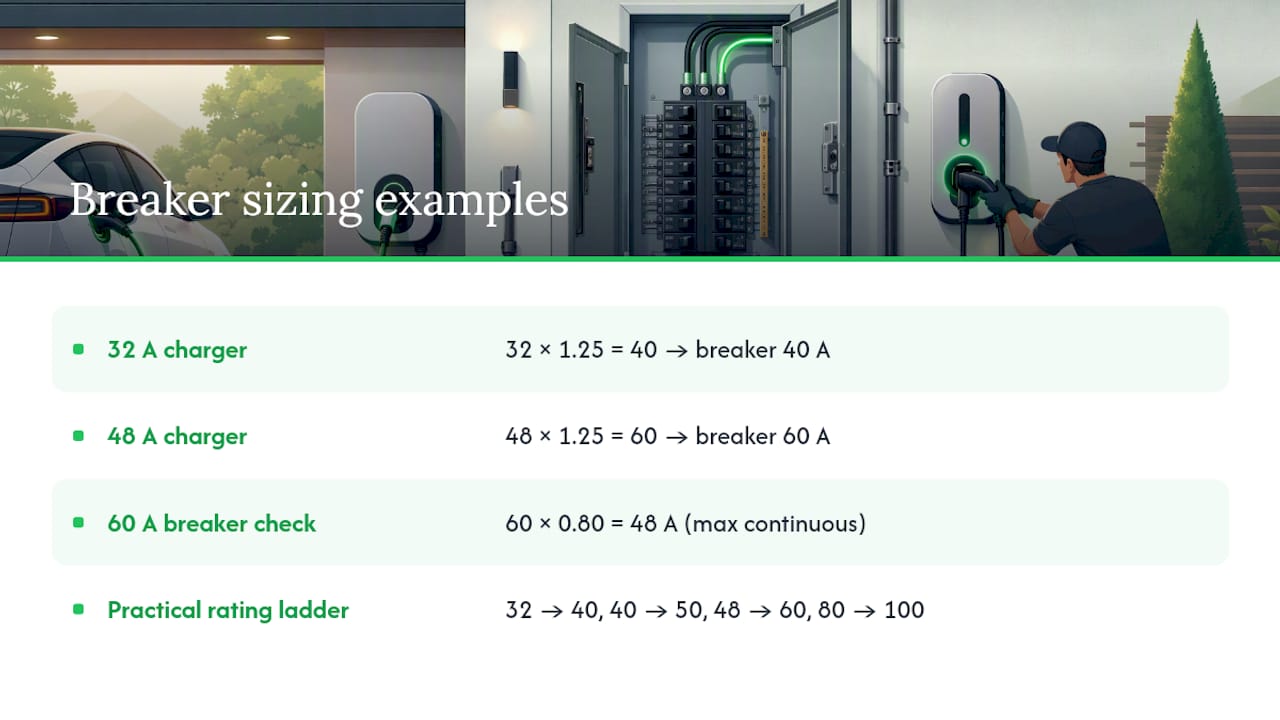 EV charger breaker sizing formula examples