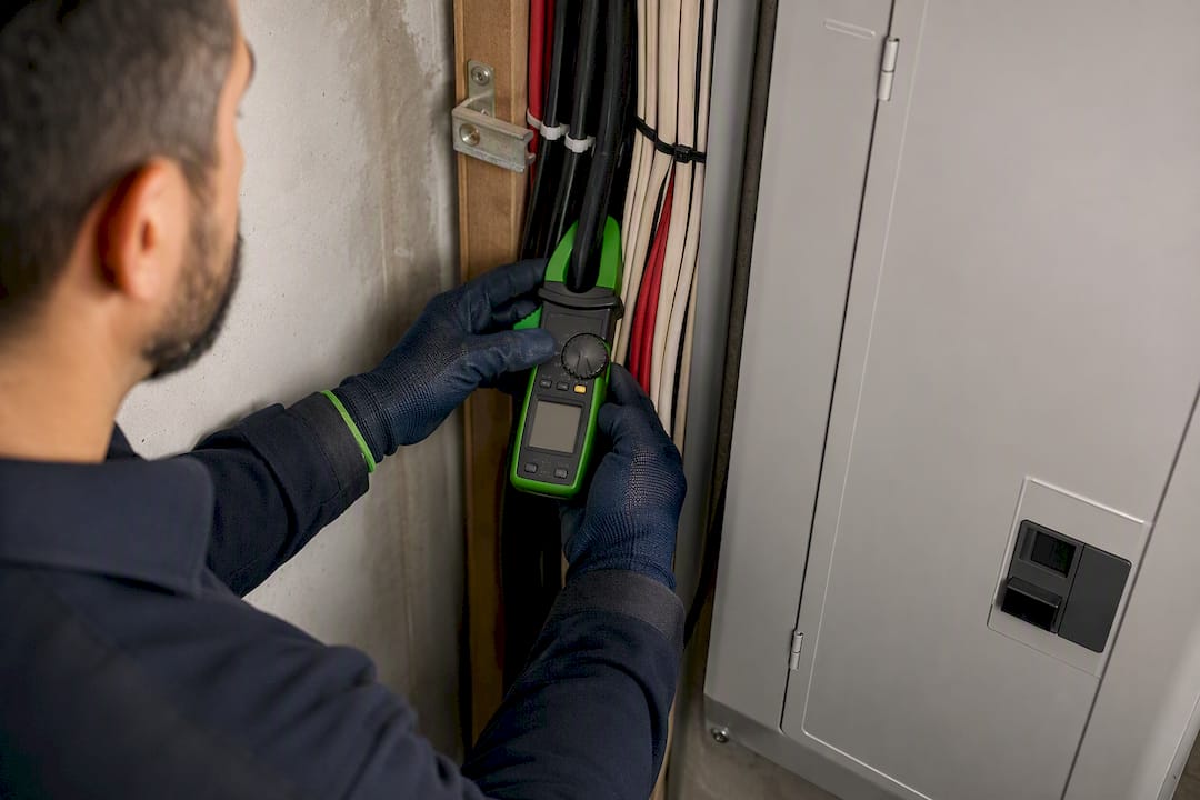 Electrician measuring electrical panel load capacity