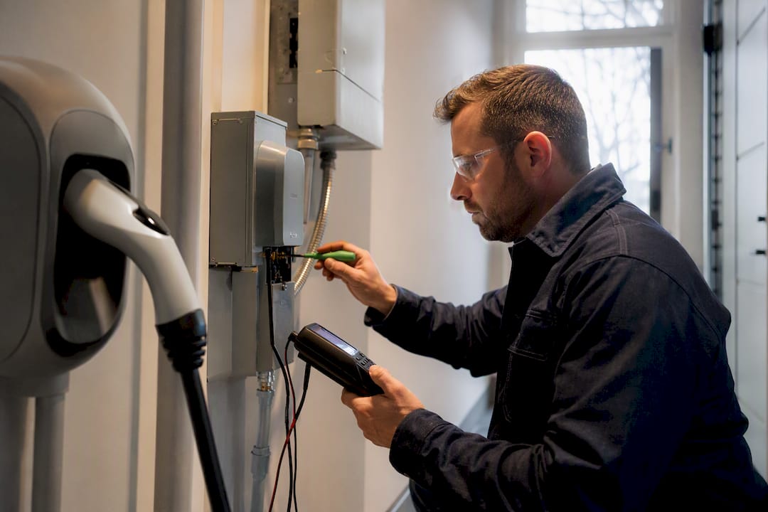 Inspector testing EV charger circuit