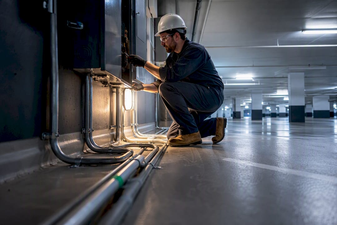 Electrician inspecting condo charging infrastructure