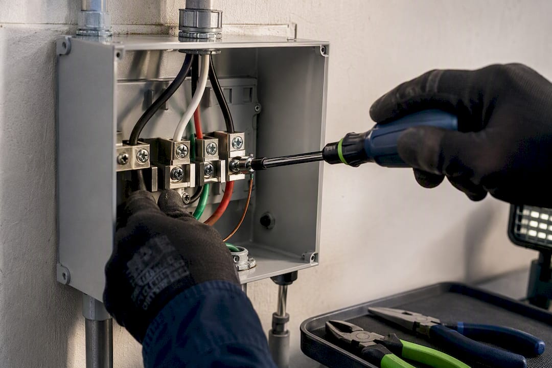 Electrician tightening EV circuit terminal