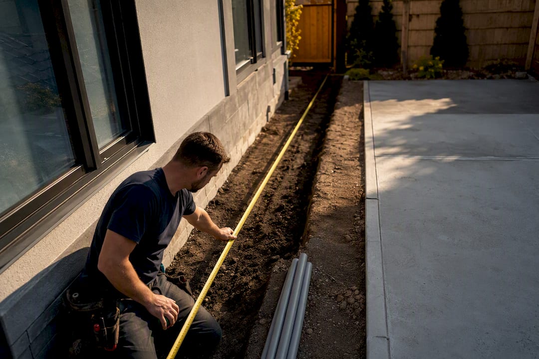 Electrician measuring conduit route beside home