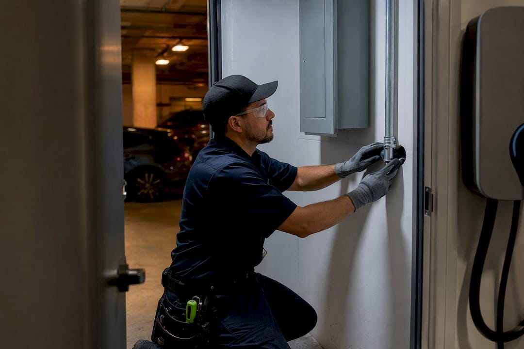 Electrician preparing condo EV charging circuit