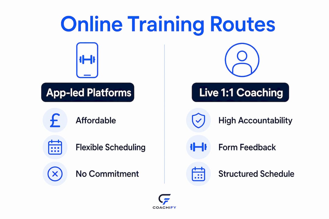 Infographic comparing main online personal training routes in the UK