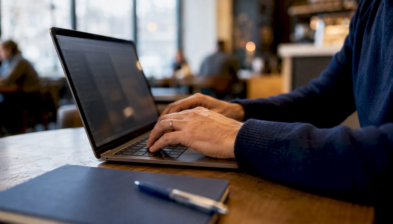 Hands performing weekly website update on laptop