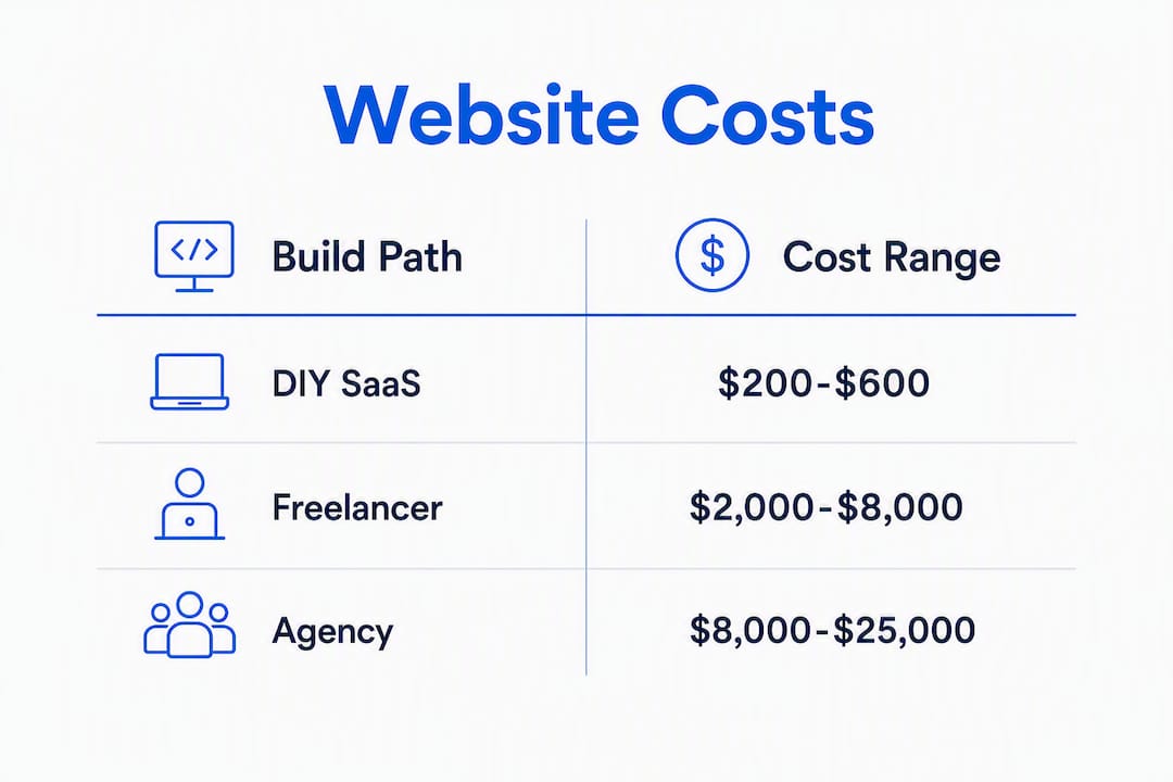 Infographic comparing small business website build costs by option