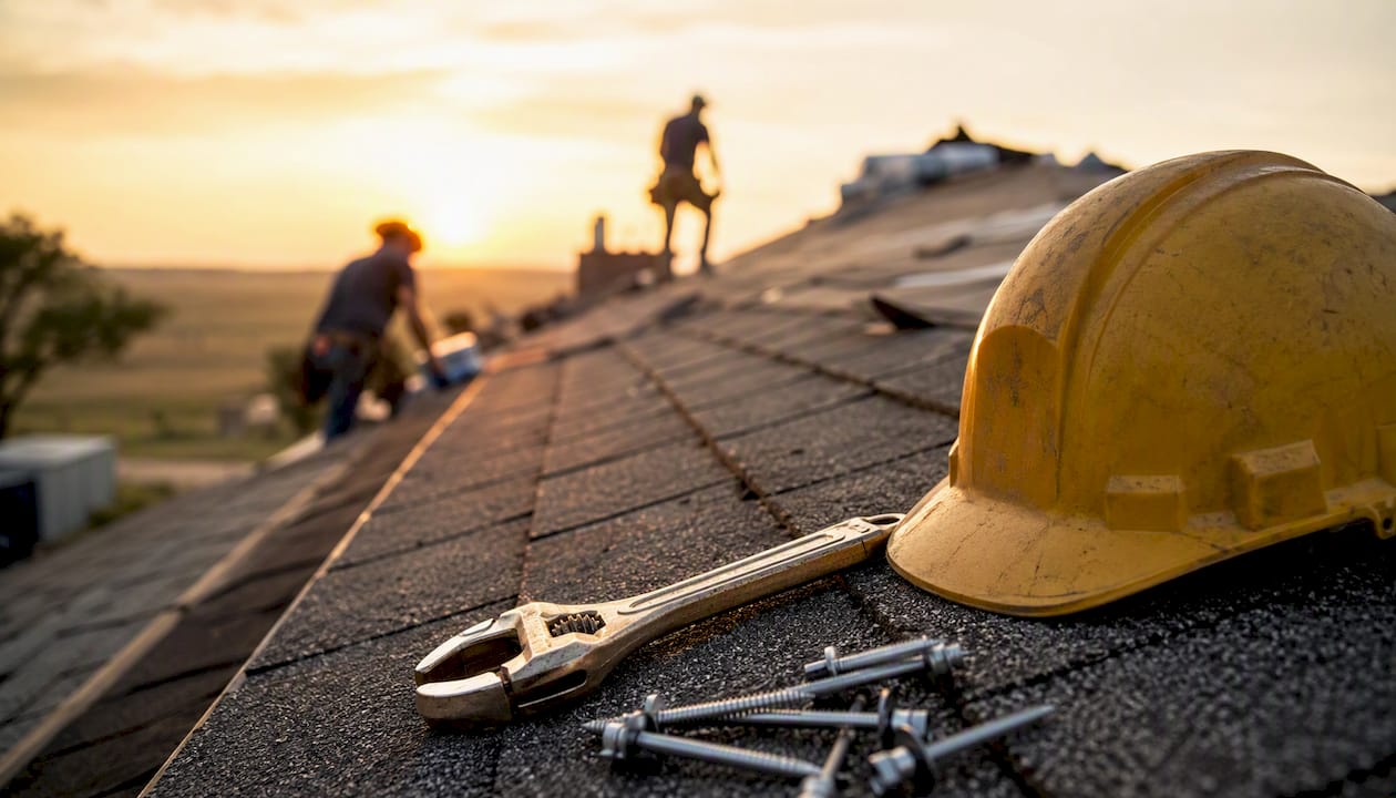 Roofing tools on shingles at Texas job site