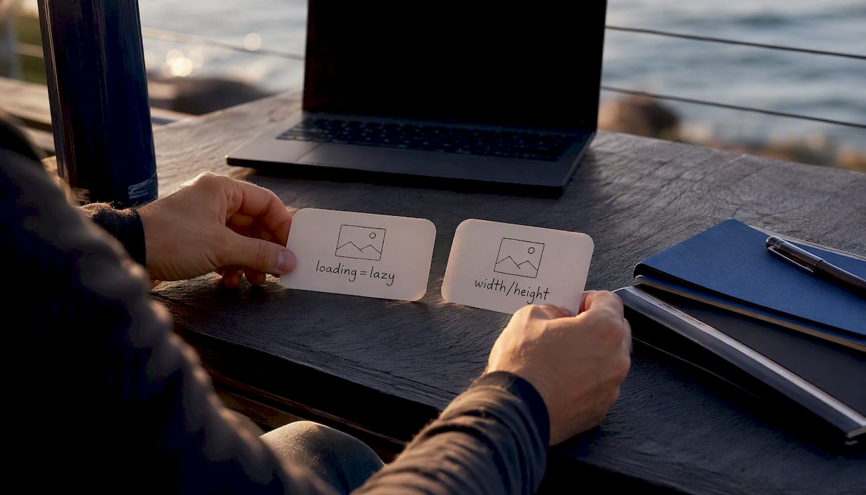 Hands placing image loading attribute notes on desk