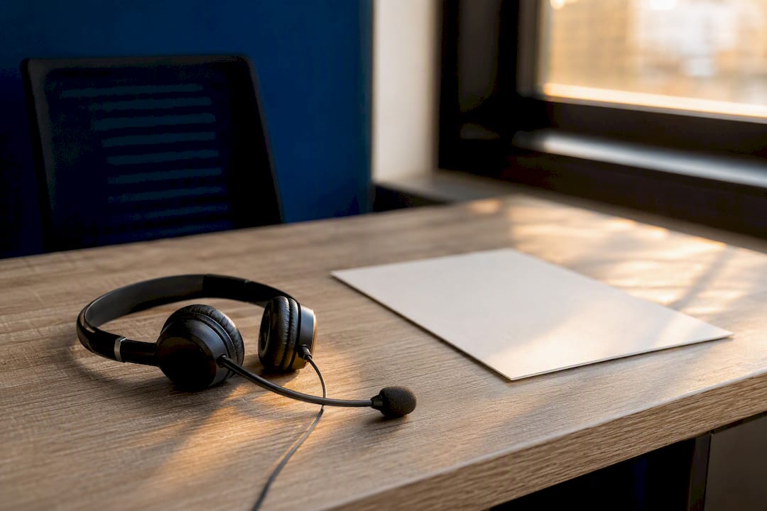 Call center headset on desk with compliance note