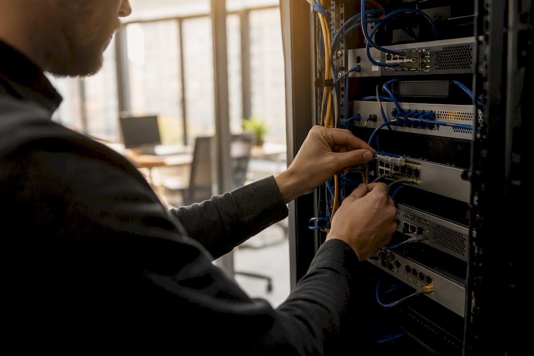 Hands adjusting cables on server rack