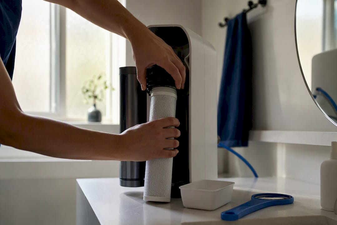 Hands replacing water filter cartridge