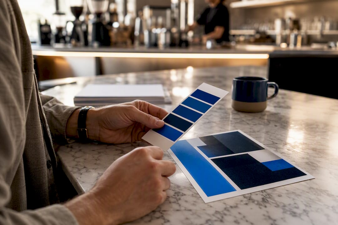 Hand holding color swatch near graphic sample