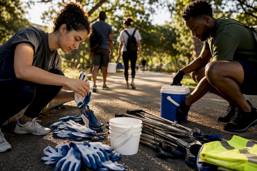 Volunteers preparing tools for community cleanup