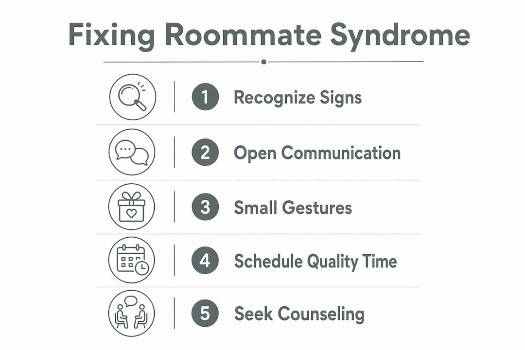 Infographic showing steps to fix roommate syndrome in marriage