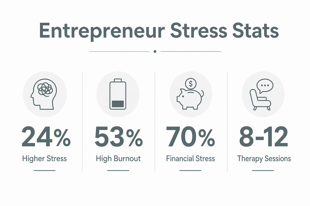 Infographic displaying entrepreneur stress statistics and therapy benefits