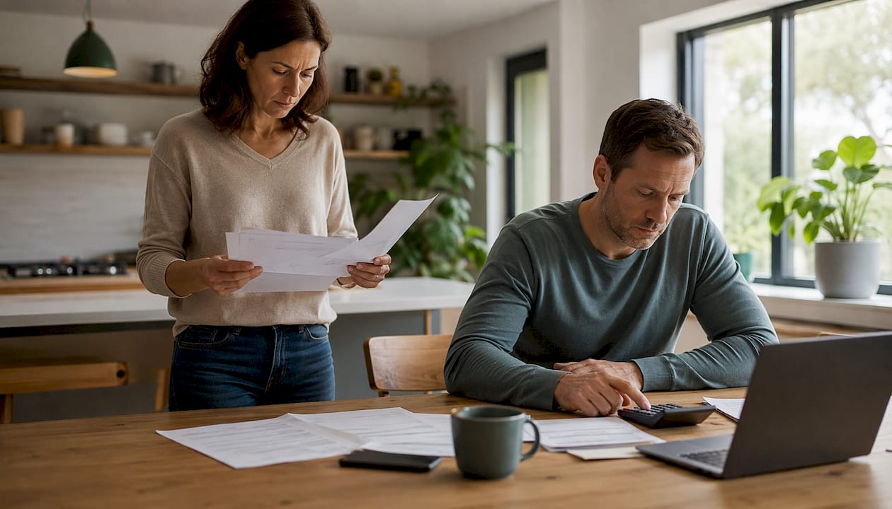 Couple managing household tasks separately at kitchen table