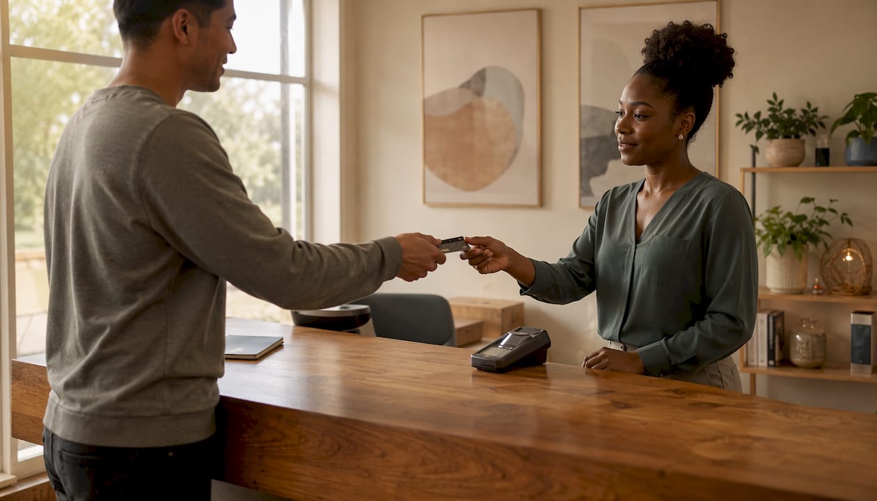Hands paying therapy with HSA debit card