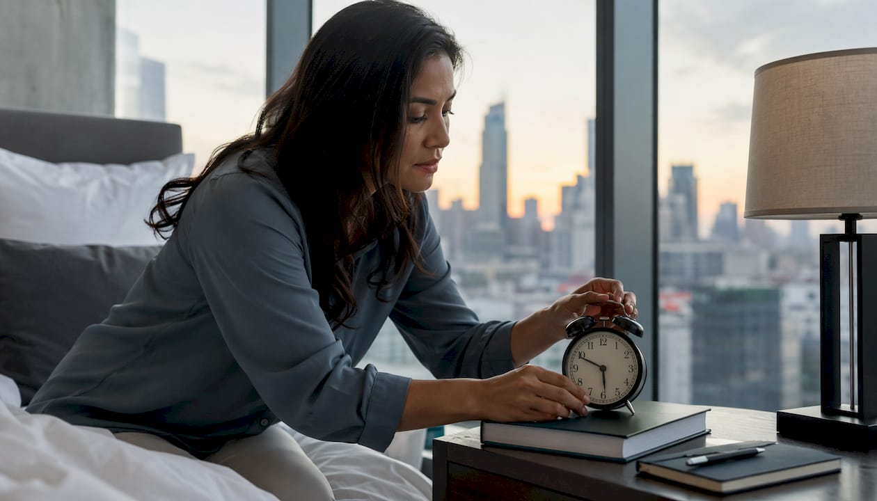 Hands setting alarm clock for healthy sleep