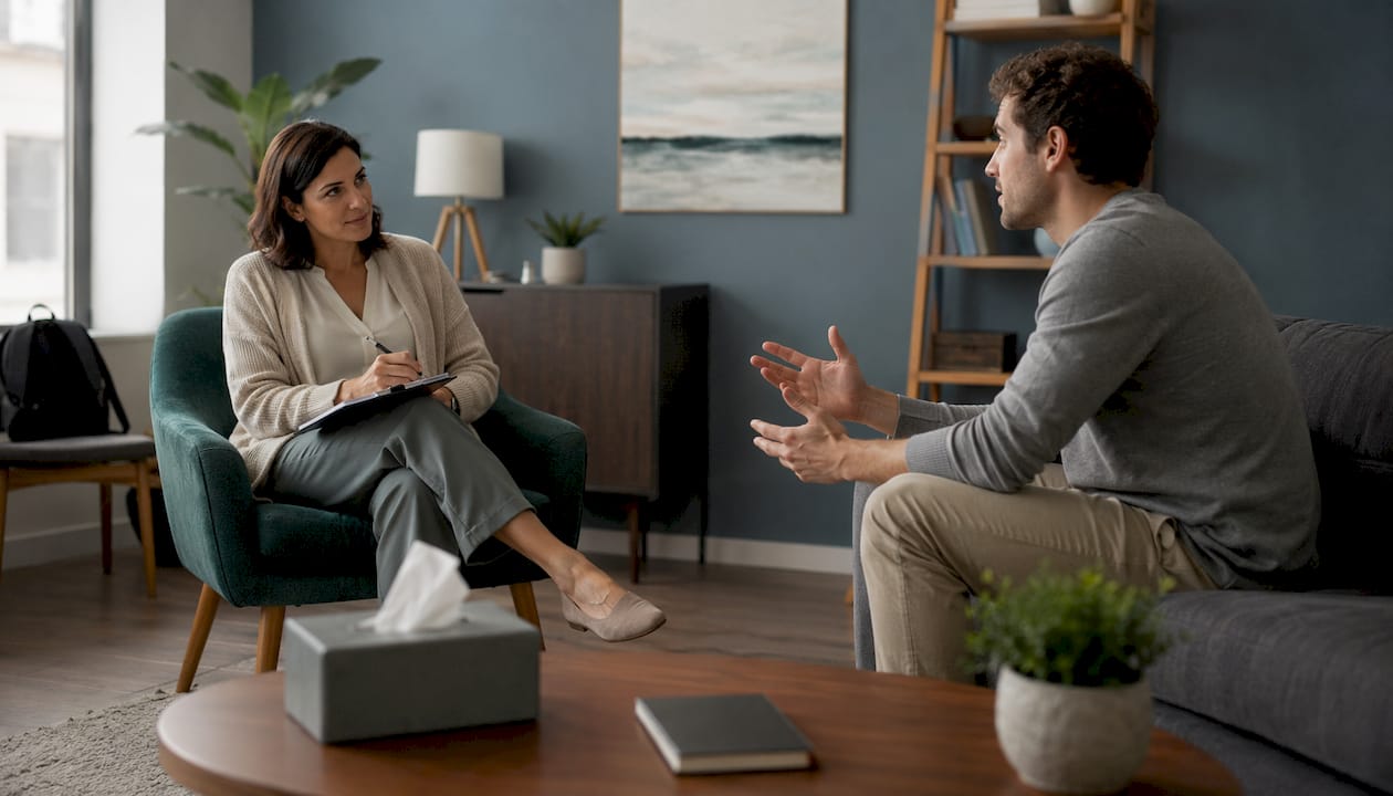 Therapist and patient discussing coping strategies