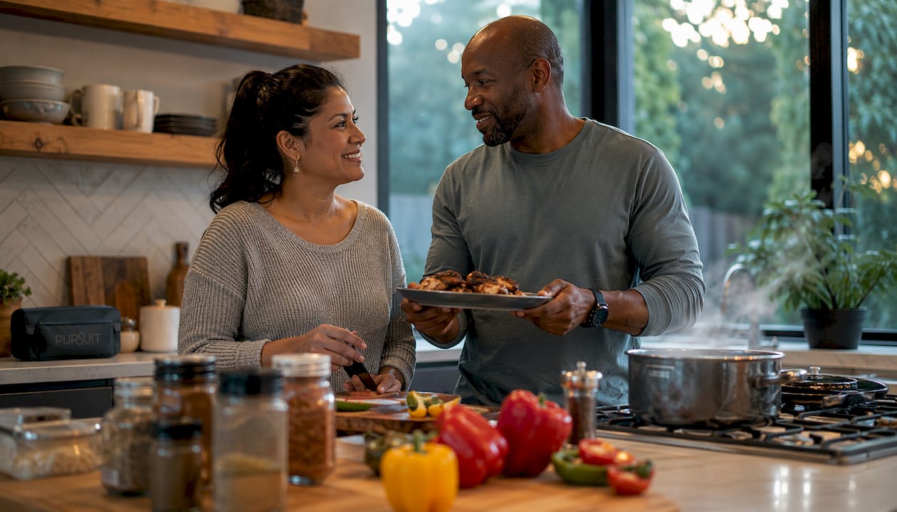 Couple cooking together at home kitchen