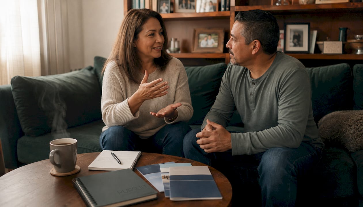 Couple discussing therapy in home kitchen