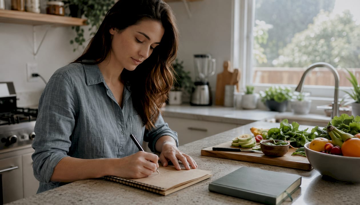 Hands writing therapy goals in notebook