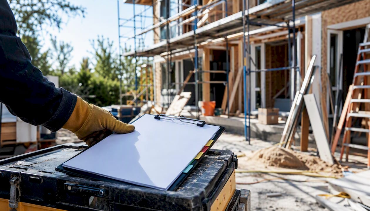 Gloved hand holding inspection clipboard on site