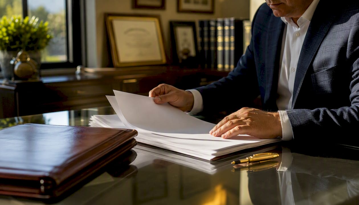 Hands preparing legal documents in title company office