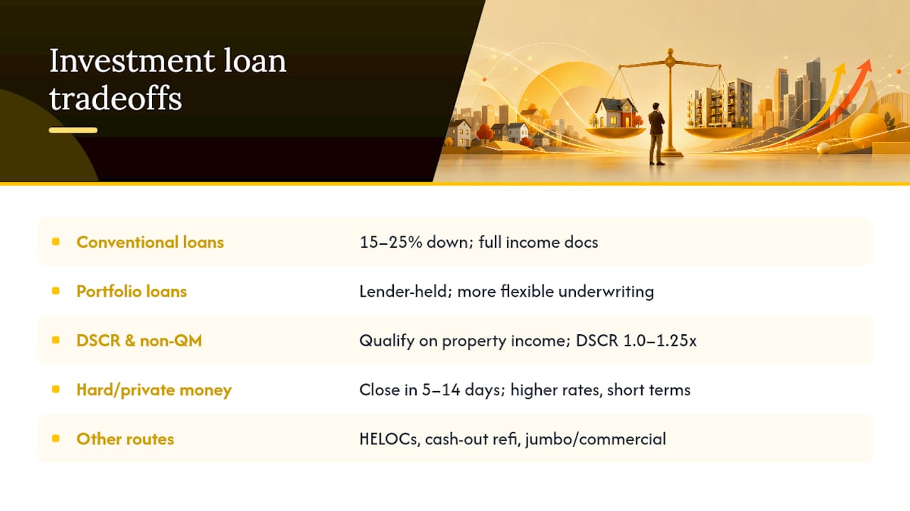 Comparison of investment loan types by cost, speed, and flexibility