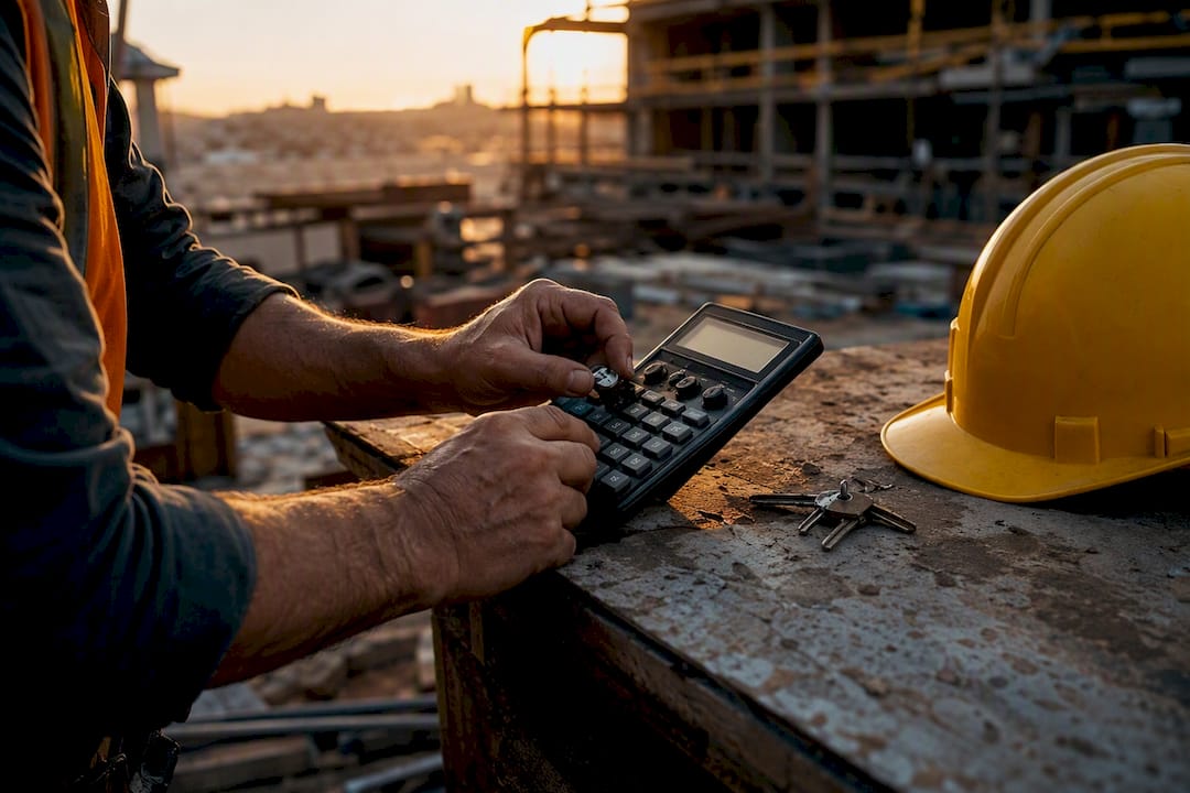Hands adjusting calculator on construction site table