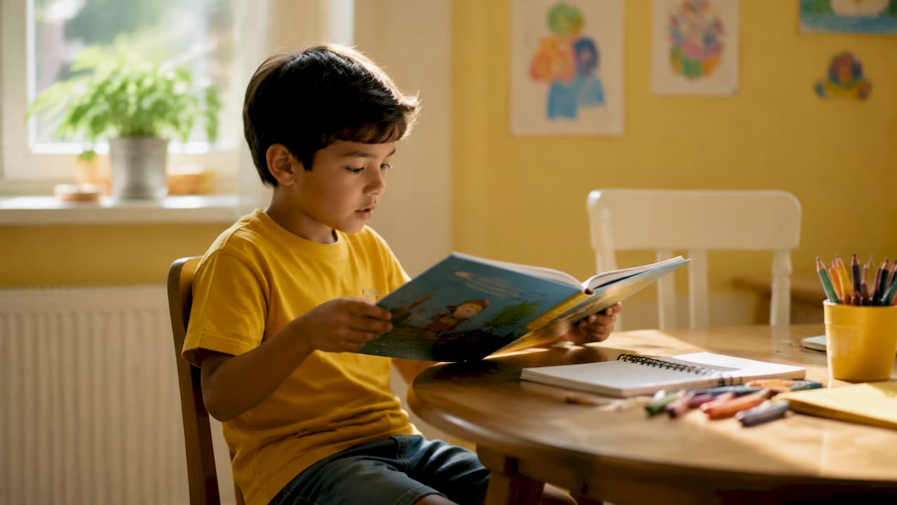 Boy reading book decoding words carefully