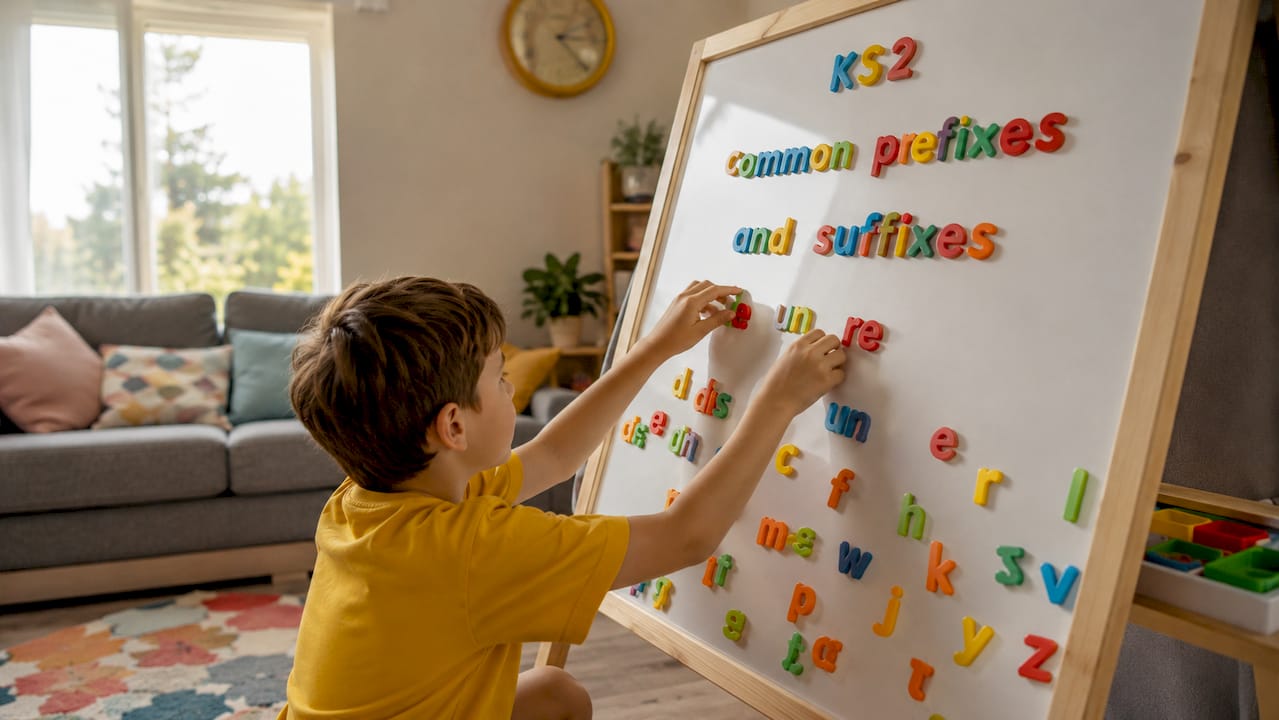 Child arranging magnetic prefix suffix letters