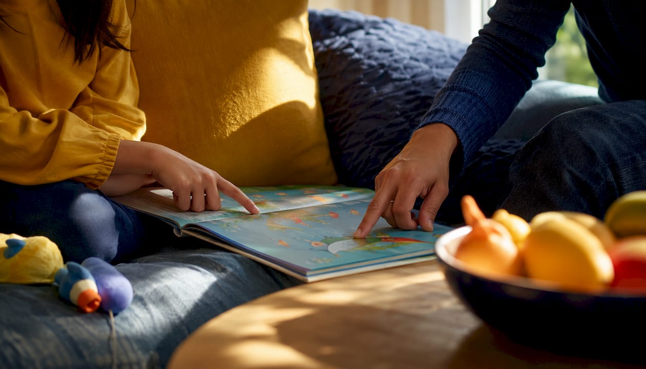 Parent and child hands pointing at storybook page on table