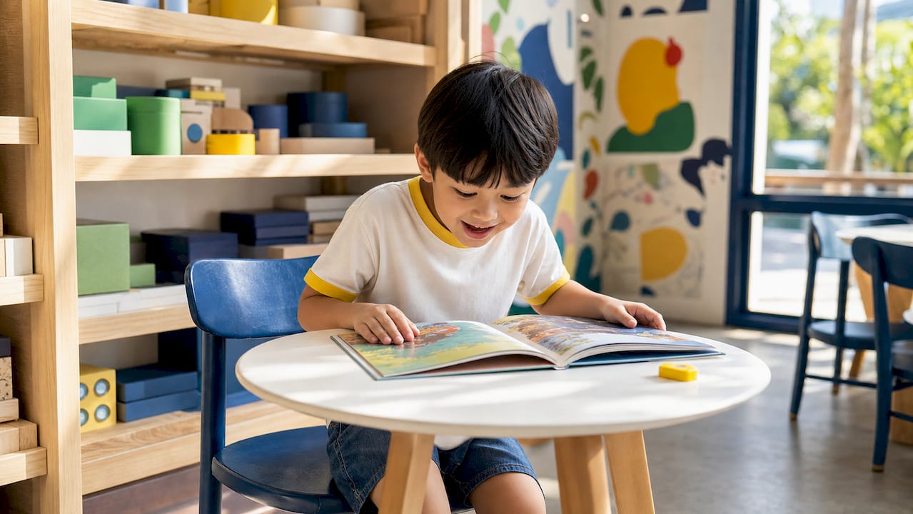 Young boy reading in school library corner