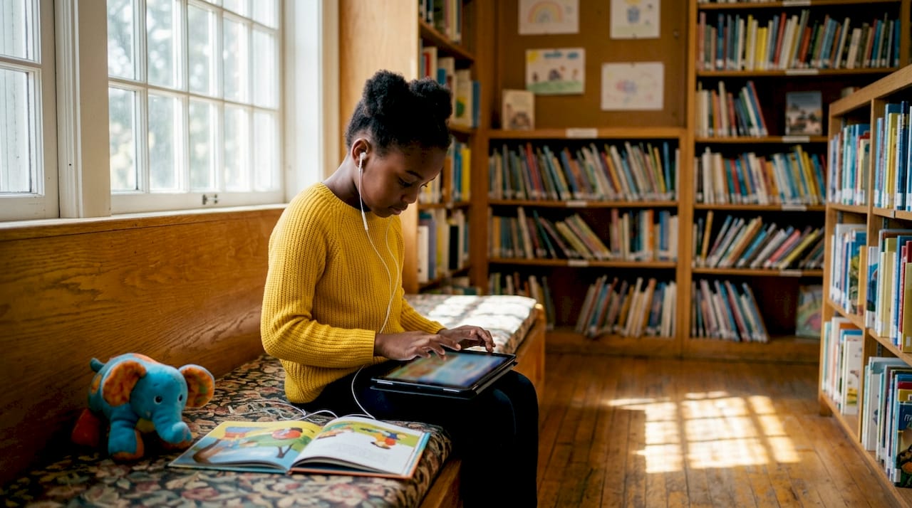 Young girl using interactive reading app at home