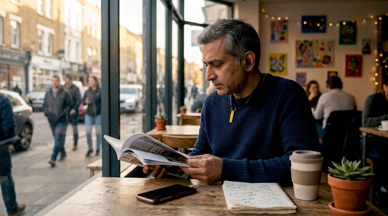 Man listening to AI reading app in office