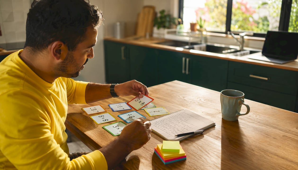 Father organizing times tables flashcards