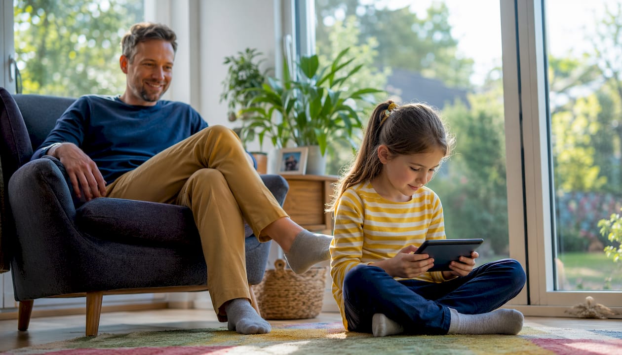 Mother watching child play math app at home
