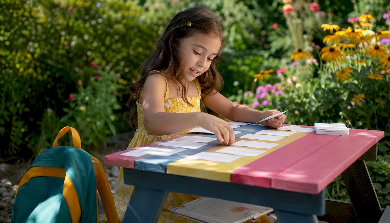 Child sorting subordinating conjunction flashcards